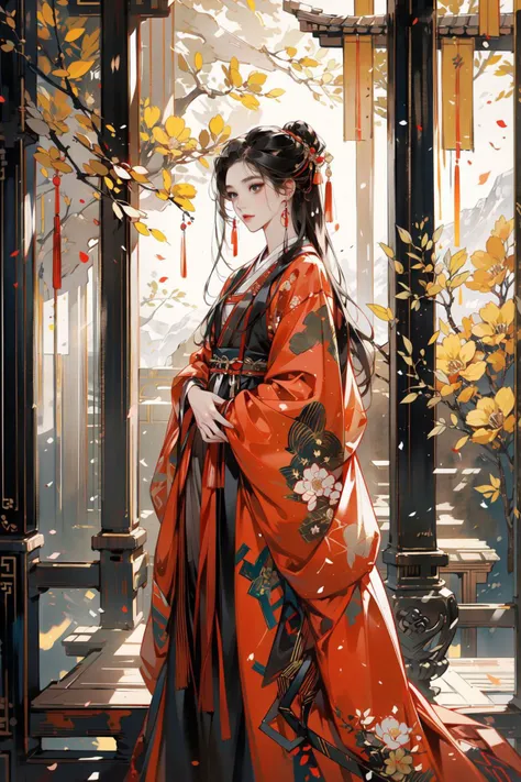 -Hanama wine,long hair,black hair,solo,1girl,tree,standing,hanfu,long sleeves,traditional media,chinese clothes,scenery,dress,<lora:HanamaWineV2-000018:0.6>,incredibly absurdres,<lora:C_fashion:0.4>,, (masterpiece, best quality, high quality, highres, ultra-detailed),