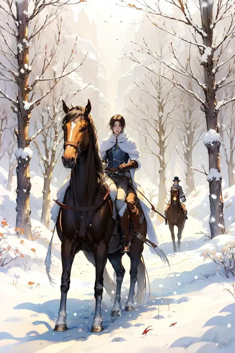 -Hanama wine, snow, horse, horseback riding, tree, armor, cape, riding, nature, weapon, male focus, winter, forest, snowing, outdoors, multiple boys, 2boys<lora:Hanama wine-000018:0.8>,