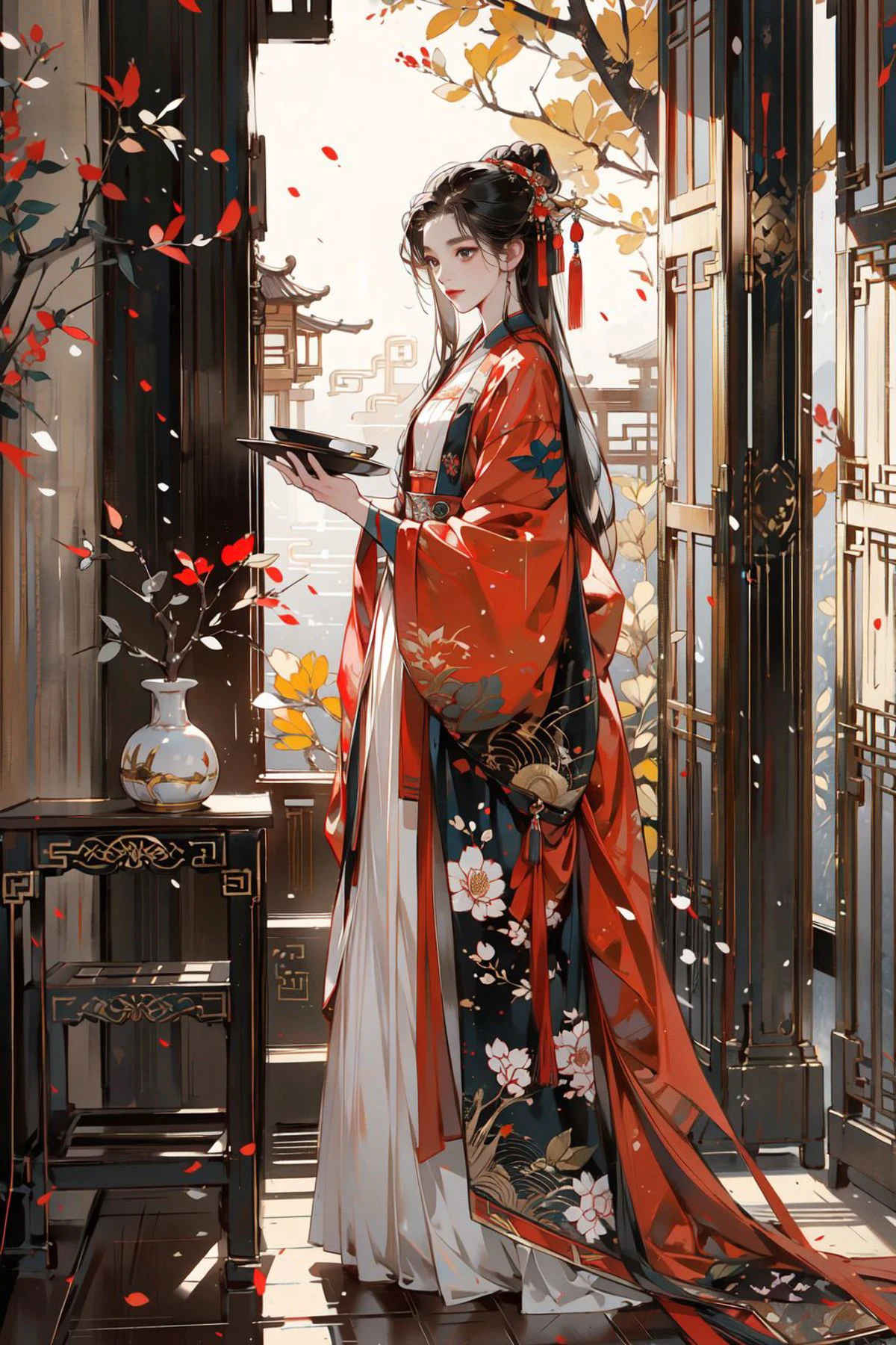 -Hanama wine,long hair,black hair,solo,1girl,tree,standing,hanfu,long sleeves,traditional media,chinese clothes,scenery,dress,<lora:HanamaWineV2-000018:0.6>,incredibly absurdres,<lora:C_fashion:0.4>,, (masterpiece, best quality, high quality, highres, ultra-detailed),