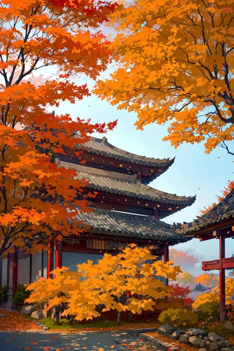 -Hanama wine, tree, leaf, outdoors, autumn leaves, falling leaves, autumn, scenery, solo, 1girl, east asian architecture, architecture,anime,<lora:Hanama wine V2-000018:0.8>,