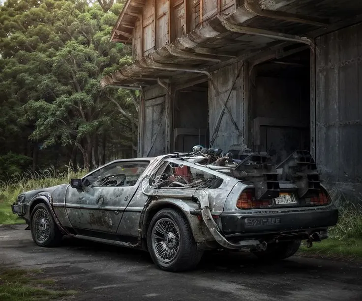 (side view:1.5) (medium full shot:1.5) full color 4k crisp photograph a dirty filthy rusted dented (((oxidized))) three-quarters view of bttfdmc parked diagonally inside an old barn in the woods, <lora:bttfdmcV2:0.9>