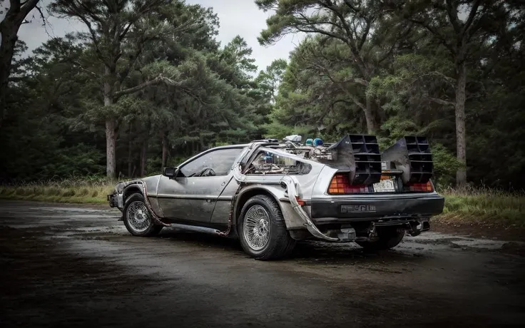 (medium full shot:1.5) full color 4k crisp photograph a (highly-polished chrome bttfdmc) stuck in the mud in a pine tree forest, <lora:bttfdmcV2:0.8>