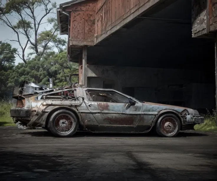 (side view:1.5) (medium full shot:1.5) full color 4k crisp photograph a (((dirty))) filthy ((rusted)) dented (((oxidized))) three-quarters view of bttfdmc parked diagonally (((inside))) an old barn in the woods, <lora:bttfdmcV2:0.9>