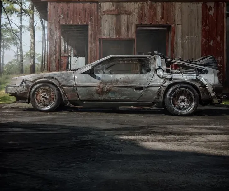 (side view:1.5) (medium full shot:1.5) full color 4k crisp photograph a dirty filthy rusted dented (((oxidized))) three-quarters view of bttfdmc parked diagonally inside an old barn in the woods, <lora:bttfdmcV2:0.9>