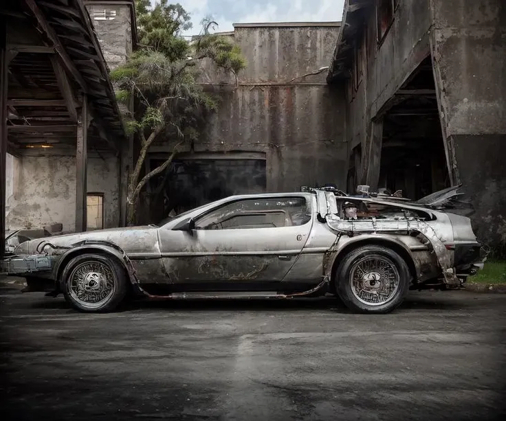 (side view:1.5) (medium full shot:1.5) full color 4k crisp photograph a dirty filthy rusted dented (((oxidized))) three-quarters view of bttfdmc parked diagonally inside an old barn in the woods, <lora:bttfdmcV2:0.9>