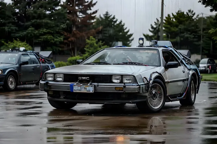 bttfdmc, car, in the rain, neighborhood, <lora:bttfdmcV2:.8>