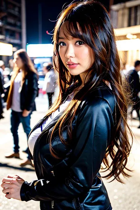 (8K, Raw photo, Best Quality, Work: 1.2), (realistic, Photorealistic: 1.37), 1 Girl, Korean, 28 years old, femele, Sateen, Cityscape, natta, Street, blurred background, (Real Person, photo ), s full body, Face details, Lip details, Eye details, more skin, Double eyelids, Dark brown hair, (large full breasts: 1.4), ((spread pussy: 1.55)), large areolas : 1.4, (Shape of pubic hair clearly visible.),leather jacket open front to highlight cleavage, Perfect Body, chest, eye contact with camera