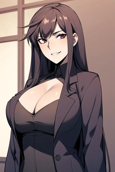 <lora:Yura:0.7>, Yura, medium shot, looking at viewer, solo, evil smile, upper body, deep cleavage, huge breasts, mature female