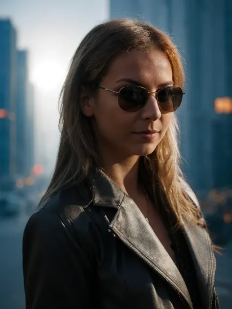 a medium shot photo of woman sagalova, looking at camera, cyberpunk city, sunglasses, fog, light rays, bokeh, 4k, high detailed <lora:sagalova:1>