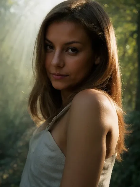 a medium shot photo of woman sagalova, looking at camera, forest, fog, light rays, bokeh, 4k, high detailed <lora:sagalova:1>