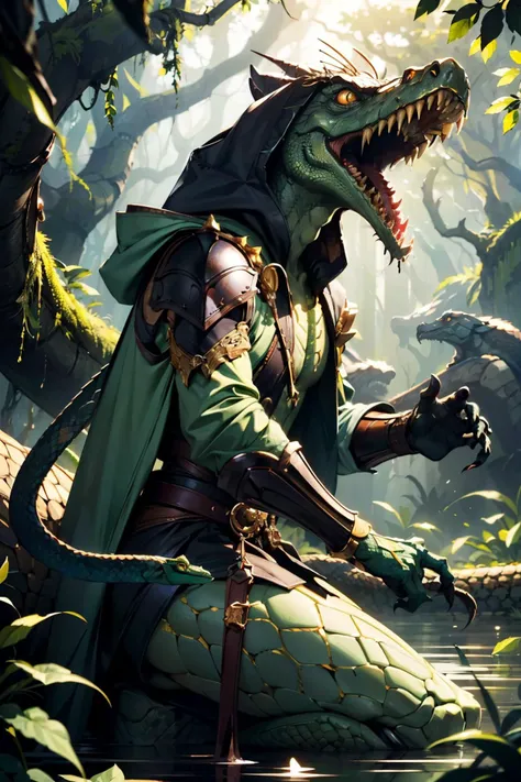 reptile, yellow eyes, hood, green robes, barracuda teeth, surrounded by snakes, swamp background, dark, extreme detail, hdr, masterpiece, fantasy quality, <lora:Reptile_v1:.5>