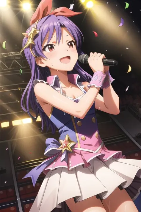 1girl,chihaya kisaragi,close up,smile,sweat,flat chest,singing,dutch angle,stage,spotlight,idol costume,confetti,flare,<lora:hyperdetailer_v080:0.7>  <lora:chihaya-idolmaster:0.7>