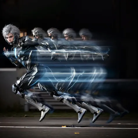 <lora:RaidenDoguV3:1> raidenmgr, robotic, mechanic body parts, ((black boots)), (from side), 1boy, <lora:MotionTrail:0.9> (motiontrail), motion trail, running, <lora:Superspeed_running-10:0.9> 1boy, superspeed, lighting, motion blur, ((electricity)), from side, incoming,