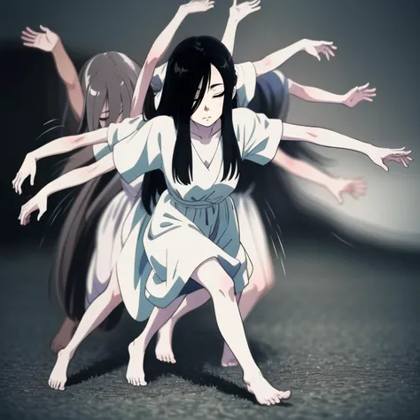 (motion trail:1.2), (MotionTrail:1.2), <lora:MotionTrail:0.8> , 1girl, solo, running, posing,(afterimage:1.3),barefoot, [realistic::0.5],(motion blur:1.7)
<lora:thering_yamamura-10:0.5> , black hair, yamamura_sadako, white dress, (grey skin), hair over eyes, eyes covered,
<lora:age_slider_v2:-1> ,jitome, empty eyes,  half-closed eyes, 
2d,best quality, anime,traditional media,