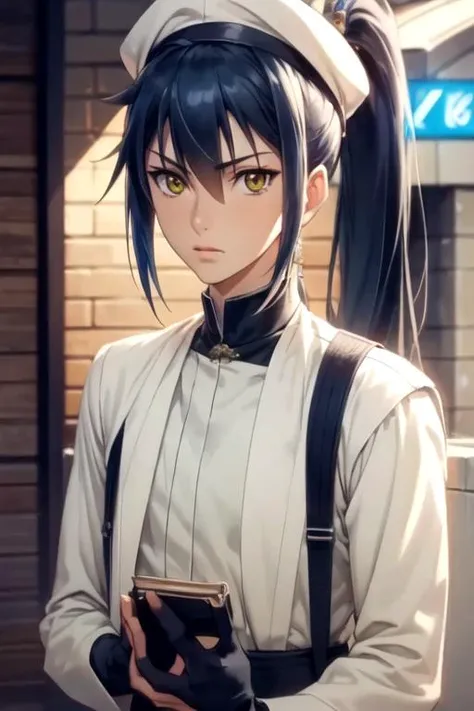 masterpiece, best quality, wallpaper, 1boy, solo, male focus, looking at viewer, , depth of field, anime coloring, realistic, <lora:jinghua_yang:0.72>, jinghua_yang, blue hair, yellow eyes, long hair, ponytail, low ponytail, , newsboy cap, science fiction soft science fiction,