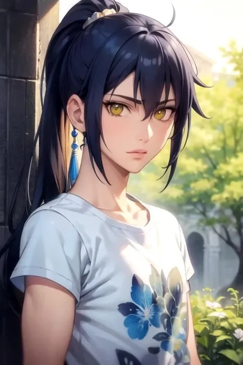 masterpiece, best quality, illustration, 1boy, solo, male focus, looking at viewer, upper body, , , realistic, <lora:jinghua_yang:0.68>, jinghua_yang, blue hair, yellow eyes, long hair, ponytail, low ponytail, t-shirt, , ancient rome,