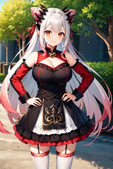 masterpiece, best quality, highres, aapatra, long hair, multicolored hair, horns, cone hair bun, hair ribbon, pointy ears, large breasts, bell, bare shoulders, cleavage cutout, frills, black dress, detached sleeves, red sleeves, long sleeves, white thighhighs, standing, outdoors, hand on hip, smile, cowboy shot,