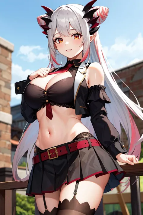 masterpiece, best quality, highres, aapatra, long hair, multicolored hair, horns, cone hair bun, pointy ears, large breasts, cleavage, bare shoulders, red necktie, black shirt, crop top, vest, detached sleeves, black sleeves, long sleeves, midriff, belt, black skirt, black thighhighs, <lora:suou_patra_v1:0.7>, standing, cowboy shot, outdoors, smile, arms at sides,