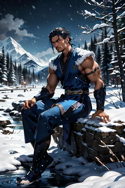 zbzr,man, ninja,black hair, blue robes,armor, loin cloth, looking at viewer, serious, medium shot,
sitting, on a large rock, mountains, river, outside, snow, snowing, trees, night, extreme detail, masterpiece, <lora:zbzr_v3:.8>