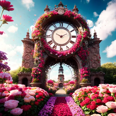 photo (FlowerGateway style:1) a giant clock tower in the middle of a flower garden <lora:djzFlowerGatewayV21:1>