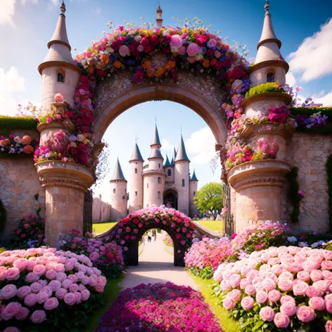 photo (FlowerGateway style:1) the entrance to a castle is surrounded by flowers <lora:djzFlowerGatewayV21:1>