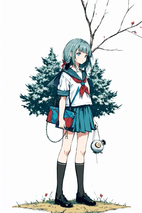 solo, white background, holding, no humans, robot, simple background, science fiction, weapon .solo, school uniform, skirt, fence, long hair, neckerchief, outdoors, serafuku, sailor collar, standing, chain-link fence, pleated skirt, shirt, scenery, blue skirt, white shirt, tree, red neckerchief, bangs, socks, wide shot, holding, bag, shoes, looking at viewer, short sleeves, blue eyes, black socks, sky, grass, day 
/////////// <lora:AkramBham:1>, <lora:ç»ä¸½çåå½±:0.2>,<lora:add_detail:0.35>, <lora:adaptedmodel:0.35>