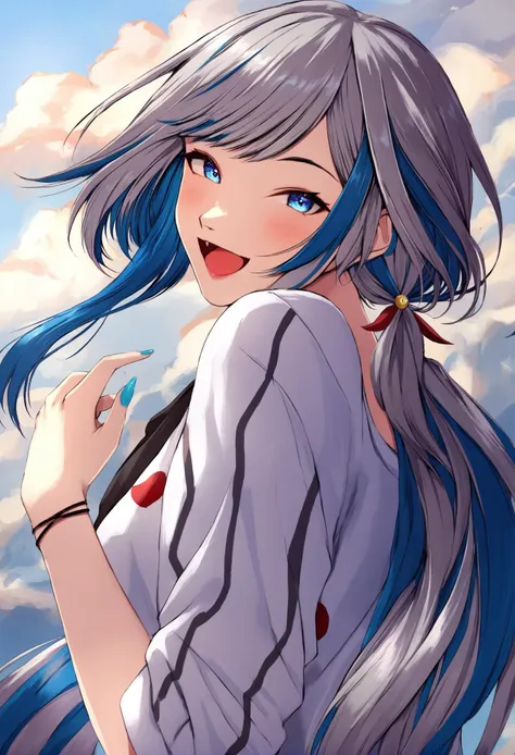 masterpiece, best quality,1girl, virtual youtuber, blue eyes, solo, multicolored hair, tail, blue hair, grey hair, looking at viewer, open mouth, smile, bangs, long hair, sky, hair ornament, cloud, upper body, nail polish, :d, blush, day ,
<lora:ABXLlokr8f-000109:0.95>