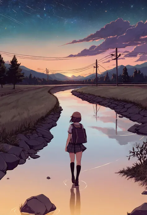 masterpiece, best quality,solo, 1girl, hat, upper body, short hair, glowing ,sky, outdoors, star (sky), bag, kneehighs, school uniform, starry sky, scenery, school bag, short sleeves, cloud, tree, standing, sunset, shoes, rock, water, walking, loafers, looking back, grass, bangs, night, road, river, night sky, ground vehicle, looking at viewer, reflection, mountain, power lines  
<lora:ABXLlokr8f-000109:0.95>