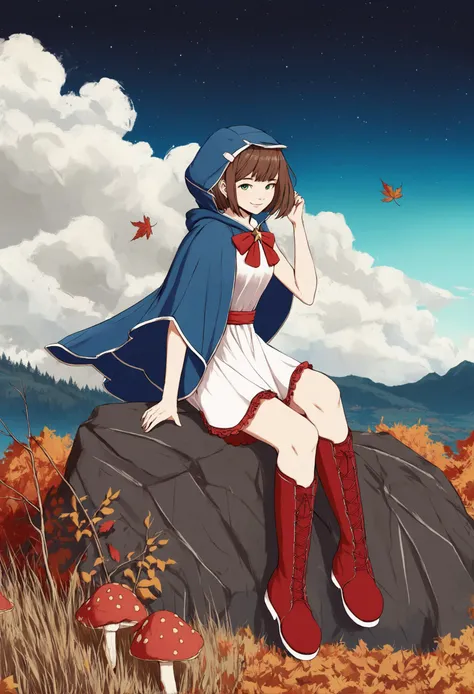 masterpiece, best quality,1girl, mushroom, brown hair, hood, green eyes, boots , sitting, hood up, red bow, red footwear, solo, hooded cloak, skirt, cloak, smile, bangs, shirt tie, hooded cape, frills, white shirt, looking at viewer, cross-laced footwear, hand up, closed mouth, blue cloak, short hair, red bowtie ,chain, star (sky), space, sky, starry sky, planet, solo, cloud, sky, dress, day, scenery, outdoors, white dress, blue sky, standing, sleeveless, tree, sleeveless dress, wind, mountain, water, scenery, tree, autumn leaves, autumn, outdoors, leaf, fence, day, maple leaf, nature  
<lora:ABXLlokr8f-000109:0.95>