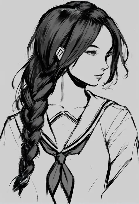 masterpiece, best quality,1girl, greyscale, monochrome, solo, school uniform, long hair, serafuku, simple background, white background, upper body, parted lips, neckerchief, sailor collar, braid, sketch, collarbone, hair over shoulder ,
<lora:ABXLlokr8f-000109:0.95>