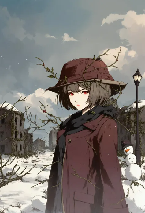 masterpiece, best quality,1girl, solo, red eyes, looking at viewer, short hair, hat, closed mouth, upper body ,sky, scenery, outdoors, snowman, cloud, snow, building, overgrown, ruins, plant, blue sky, solo, day, winter, ground vehicle, tree, lamppost, snowing, cloudy sky, house, vines, coat  
<lora:ABXLlokr8f-000109:0.95>