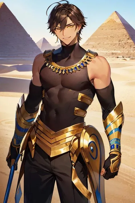((masterpiece)), ((best quality)), (ultra-detailed), absurdres, extremely detailed CG unity 8k wallpaper, Official Art, Accurate describe shapes, (realistic), detailed hands, expressive eyes, upper body, close-up, solo, (desert, scenery, dramatic light, illustration:1.1), (standing, arm at side, smirk:1.2), (1boy, mature male, brown hair, short hair, yellow eyes, dark-skinned male, hair between eyes, ahoge:1.4), (ozymandias - first ascen, black bodysuit, sleeveless, golden gauntlets, waist fauld, arm guards, egyptian clothes, earrings, jewelry:1.3), , ((masterpiece)), absurdres, HDR, arjuna (fate) <lyco:GoodHands-beta2:1.0> <lora:epi_noiseoffset2:0.7> <lora:Ozymandias-01:0.7>