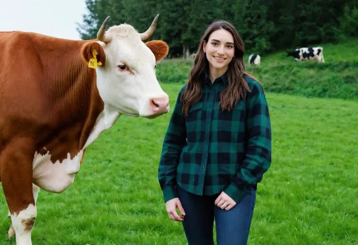 stunning medium shot photo of beautiful abby_shapiro on a farm, standing next to a (cow), wearing a plaid shirt, large breasts, cinematic lighting, bokeh, <lora:abby_shapiro_20:0.85>