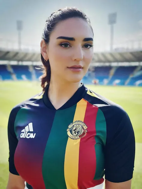 A stunning intricate full color portrait of abby_shapiro, wearing soccer kit, upper body, stadium background, happy, epic character composition,by ilya kuvshinov, alessio albi, nina masic,sharp focus, natural lighting, subsurface scattering, f2, 35mm, film grain  <lora:abby_shapiro_20:0.85>