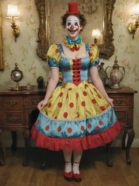 sharp focus full body photo, (Abigail Shapiro), smiling, bending over, baroque themed bedroom, clown , vintage clown dress, raising dress to expose her butt, <lora:abby_shapiro_20:1>