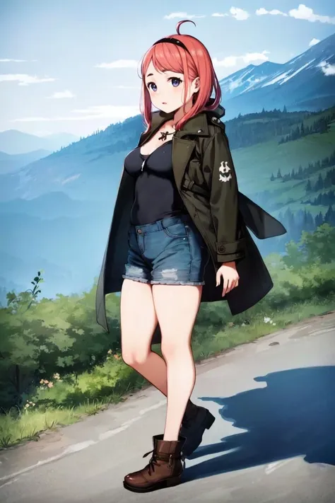 masterpiece, best_quality, 1girl, solo, coat, Peachy coral hair, small breasts, pumpkinesque body, mountain, <lora:nomura_ryouji_v1:0.8>