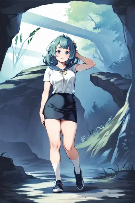 masterpiece, best_quality, 1girl, solo, Pencil skirt and top, Mint green hair, , bullish body, in a cavern, <lora:nomura_ryouji_v1:0.8>