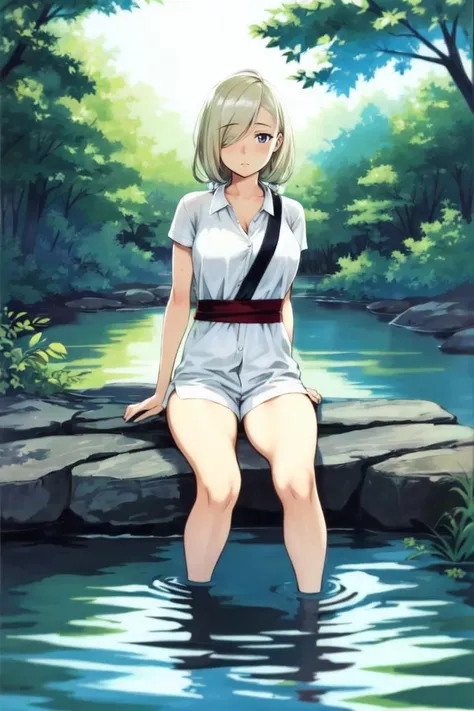 masterpiece, best_quality, 1girl, solo, shoulder sash, pants rolled up, platinum blonde hair, , mesomorphic body, in a stream, <lora:nomura_ryouji_v1:0.8>