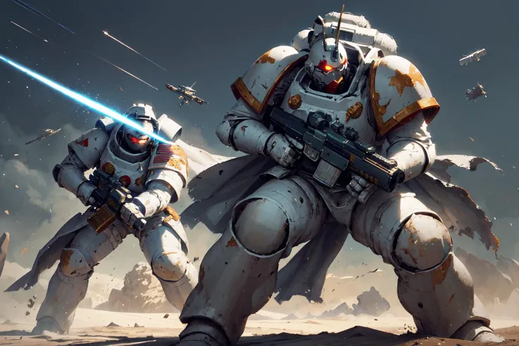 ((on a battlefield on the moon, explosions, debris, laser shots, dynamic fighting pose, holding gun at hilt, shooting gun, muzzle fire)) <lora:Warhammer_40K_-_Space_Marines_-_White_Scars:0.9> warhammer 40k, white scars, space marines, white power armor, full body, solo, white scars emblem, sword, helmet, holding sword, standing, simple background, curved sword, cape, loincloth, action, damaged, upper body
