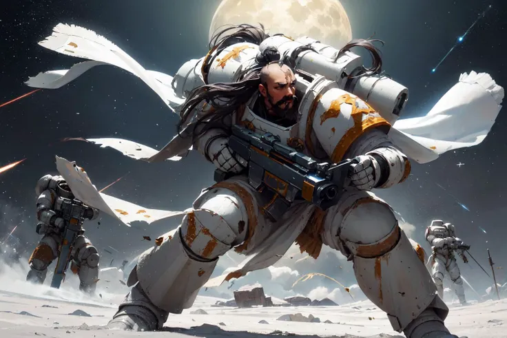 ((on a battlefield on the moon, explosions, debris, laser shots, dynamic fighting pose, holding gun at hilt, shooting gun, muzzle fire)) <lora:Warhammer_40K_-_Space_Marines_-_White_Scars:0.9> warhammer 40k, white scars, space marines, white power armor, full body, solo, white scars emblem, sword, holding sword, standing, simple background, curved sword, cape, loincloth, action, damaged, upper body,long hair, scar, mustache, chin beard,