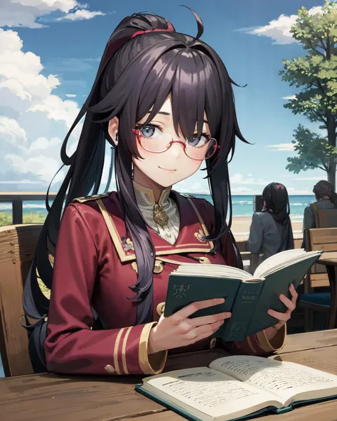 best quality, (masterpiece:1.2), illustration, absurdres,
(1girl), (solo), (beautiful detailed girl), (upper body, portrait),,
<lora:Dorothee-07:0.7>, Dorothee, black hair, ponytail, long hair, grey eyes, red glasses, messy hair, (tired, bags under eyes:1.1),
red jacket, green skirt, pantyhose,
particles, enchanting, magical, magic,
outdoors, sitting on chair, cafe terrace, reading, reading book, book on table, day, sky, sun, clouds, looking at viewer, smile,