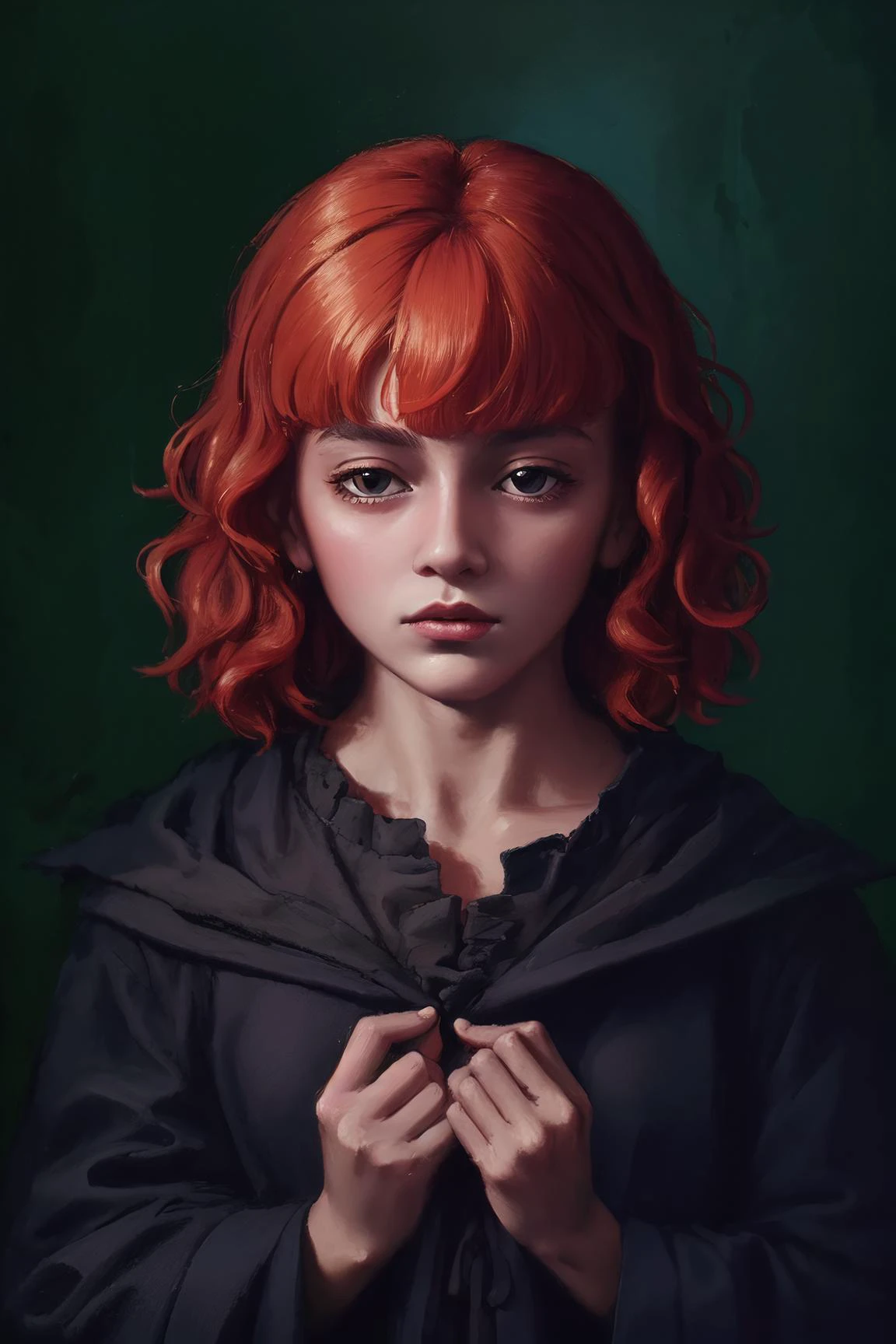 portrait, ((masterpiece, best quality)), ultra detailed, Ultra-precise depiction, Ultra-detailed depiction, 4k, 8k, <lora:Fear_and_hunger1:0.8> funger,( girl:1.3), small girl close up, long orange hair by neck, straight bangs, inside dark dungeon, oversized black robe, bandage on arms, hands together, calm expression,