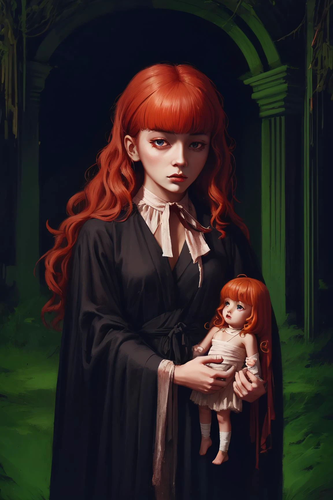 ((masterpiece, best quality)), ultra detailed, Ultra-precise depiction, Ultra-detailed depiction, 4k, 8k, <lora:Fear_and_hunger1:0.8> funger, preadolescent girl, close up, long orange hair by neck, straight bangs, dungeon, black robe, bandage on arm, holding doll, horror art, dread, creepy