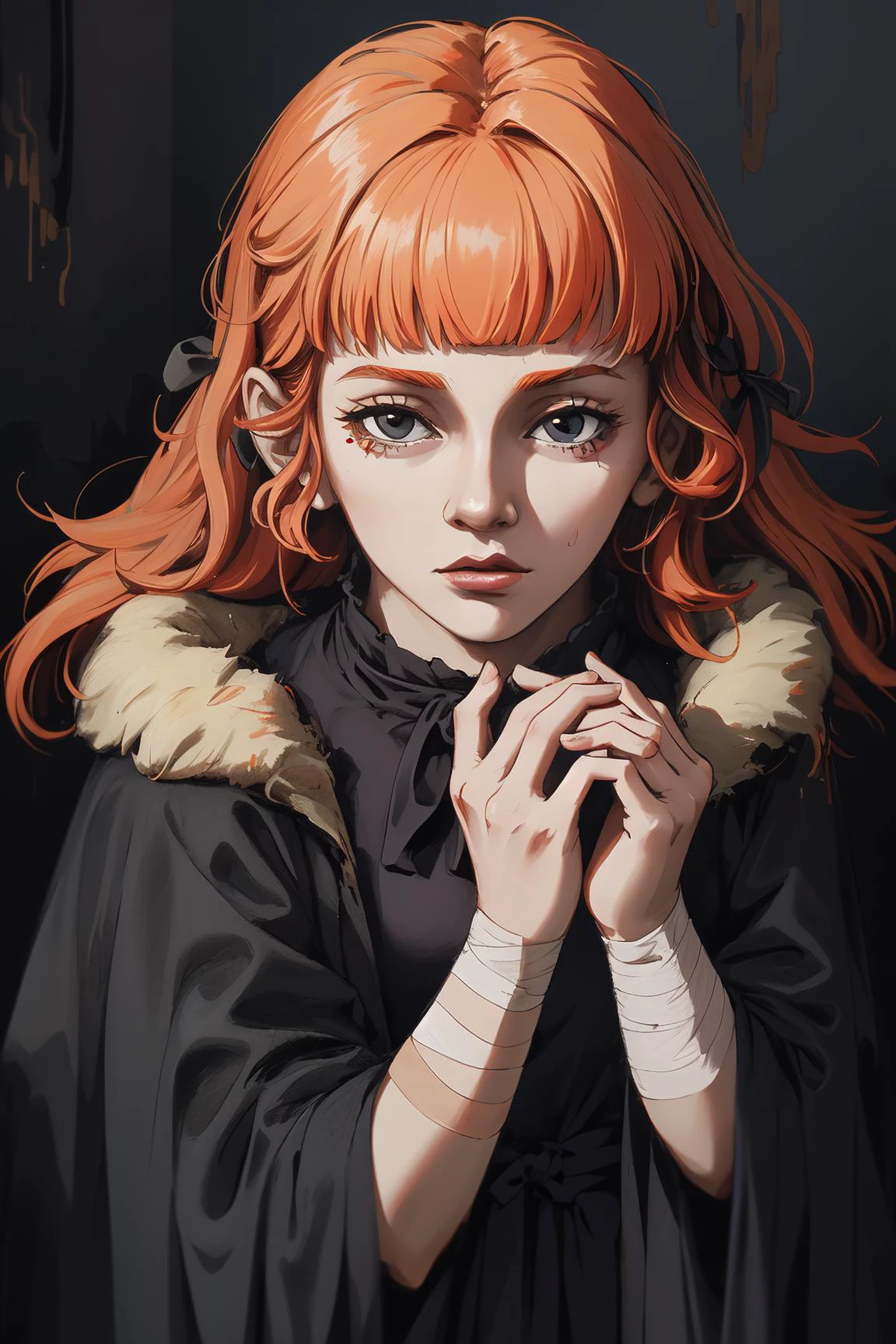 portrait, ((masterpiece, best quality)), ultra detailed, Ultra-precise depiction, Ultra-detailed depiction, 4k, 8k, <lora:Fear_and_hunger1:0.8> funger, girl, close up, long orange hair by neck, straight bangs, dark dungeon, oversized black robe, bandage on arms, horror art, dread, creepy, hands together,