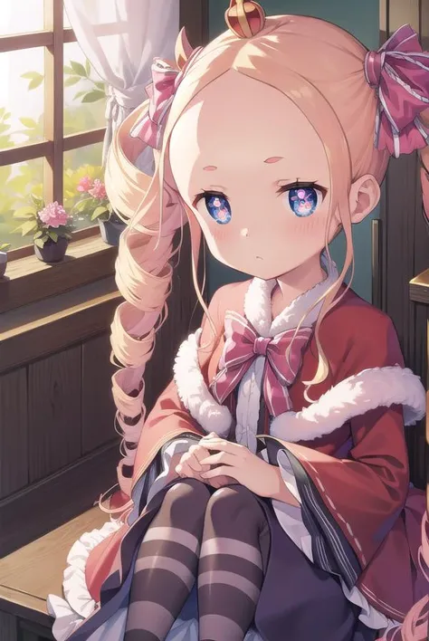 beatrice, <lora:beatrice-lora-nochekaiser:1>,
beatrice, blonde hair, blue eyes, (butterfly-shaped pupils:1.5), drill hair, long hair, parted bangs, (forehead:1.5), symbol-shaped pupils, twin drills, sidelocks,
BREAK bow, capelet, crown, dress, frilled bow, frills, fur trim, fur-trimmed capelet, long dress, long sleeves, mini crown, pantyhose, red capelet, sleeves past wrists, striped, striped pantyhose,
BREAK looking at viewer, full body,
BREAK indoors, library,
BREAK <lyco:GoodHands-beta2:1>, (masterpiece:1.2), best quality, high resolution, unity 8k wallpaper, (illustration:0.8), (beautiful detailed eyes:1.6), extremely detailed face, perfect lighting, extremely detailed CG, (perfect hands, perfect anatomy),