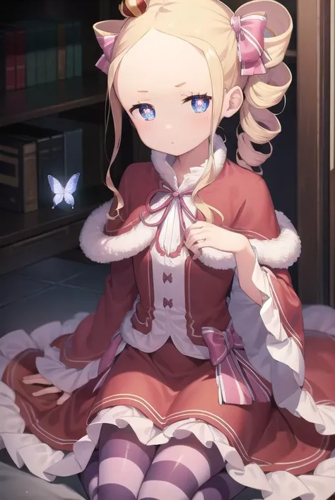 beatrice, <lora:beatrice-lora-nochekaiser:1>,
beatrice, blonde hair, blue eyes, (butterfly-shaped pupils:1.5), drill hair, long hair, parted bangs, (forehead:1.5), symbol-shaped pupils, twin drills, sidelocks,
BREAK bow, capelet, crown, dress, frilled bow, frills, fur trim, fur-trimmed capelet, long dress, long sleeves, mini crown, pantyhose, red capelet, sleeves past wrists, striped, striped pantyhose,
BREAK looking at viewer, full body,
BREAK indoors, library,
BREAK <lyco:GoodHands-beta2:1>, (masterpiece:1.2), best quality, high resolution, unity 8k wallpaper, (illustration:0.8), (beautiful detailed eyes:1.6), extremely detailed face, perfect lighting, extremely detailed CG, (perfect hands, perfect anatomy),