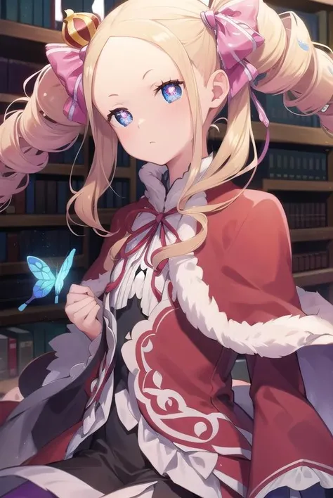 beatrice, <lora:beatrice-lora-nochekaiser:1>,
beatrice, blonde hair, blue eyes, (butterfly-shaped pupils:1.5), drill hair, long hair, parted bangs, (forehead:1.5), symbol-shaped pupils, twin drills, sidelocks,
BREAK bow, capelet, crown, dress, frilled bow, frills, fur trim, fur-trimmed capelet, long dress, long sleeves, mini crown, pantyhose, red capelet, sleeves past wrists, striped, striped pantyhose,
BREAK looking at viewer, full body,
BREAK indoors, library,
BREAK <lyco:GoodHands-beta2:1>, (masterpiece:1.2), best quality, high resolution, unity 8k wallpaper, (illustration:0.8), (beautiful detailed eyes:1.6), extremely detailed face, perfect lighting, extremely detailed CG, (perfect hands, perfect anatomy),