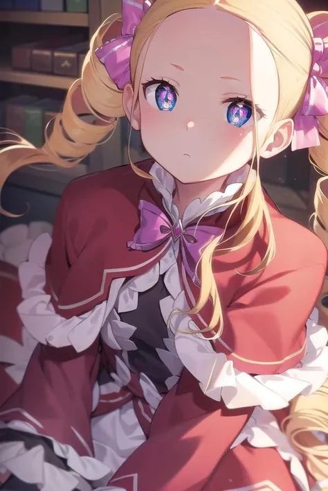 beatrice, <lora:beatrice-lora-nochekaiser:1>,
beatrice, blonde hair, blue eyes, (butterfly-shaped pupils:1.5), drill hair, long hair, parted bangs, (forehead:1.5), symbol-shaped pupils, twin drills, sidelocks,
BREAK bow, capelet, crown, dress, frilled bow, frills, fur trim, fur-trimmed capelet, long dress, long sleeves, mini crown, pantyhose, red capelet, sleeves past wrists, striped, striped pantyhose,
BREAK looking at viewer, full body,
BREAK indoors, library,
BREAK <lyco:GoodHands-beta2:1>, (masterpiece:1.2), best quality, high resolution, unity 8k wallpaper, (illustration:0.8), (beautiful detailed eyes:1.6), extremely detailed face, perfect lighting, extremely detailed CG, (perfect hands, perfect anatomy),