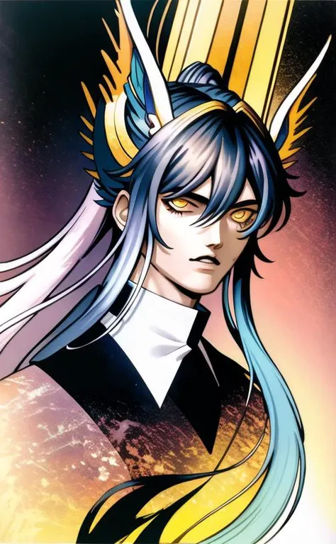 16k resolution, <lora:kazuma_kaneko-10:0.9> best quality, a masterpiece, traditional media, hyperdetailed, matte painting. A captivating portrait of solo androgynous 1boy with glowing yellow eyes looking at viewer. Long flowing dark blue hair cascading past shoulders, strands delicately falling between their eyes. Wearing a black gakuran uniform, intricately detailed with floral designs.