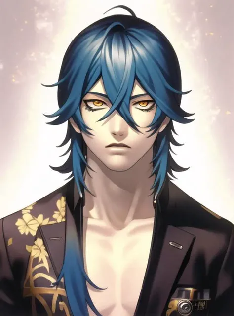 best quality, masterpiece, solo, <lora:kazuma_kaneko-10:0.8>, 1boy, androgenous, looking at viewer, glowing eyes, portrait, hair between eyes, yellow eyes, blue hair, long hair, black gakuran, floral design on gakuran, portrait, upper body
